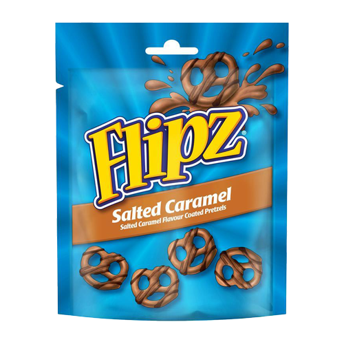 Flipz Salted Caramel – schokolierte Salzbrezeln in blauem Standbeutel.